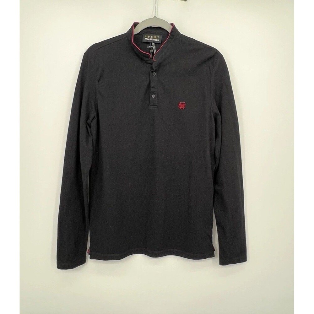 The Kooples Sport Mens Slim Fit Long Sleeve Polo Top Sz L Mandarin Collar Black